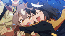 a couple of anime characters hugging each other with a man behind them