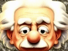 a close up of a cartoon albert einstein 's face with a mustache and white hair .