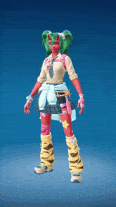 a girl with green hair and red skin is wearing a school uniform