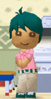 a cartoon character with green hair and a pink shirt