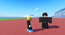 two roblox characters are standing next to each other on a red surface