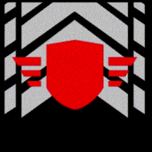 a red shield with wings is in a black and white square