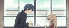 a boy and a girl are standing in front of a window and the word no u is on the bottom right