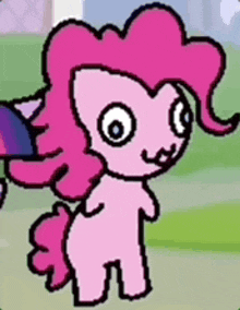pinkie pie is a cartoon character from my little pony standing on a grassy field .