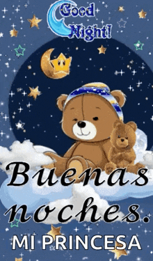 a teddy bear is sitting on a cloud with the words `` good night buenas noches mi princesa '' written below it .