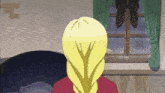 a woman with blonde hair and elf ears is looking out a window