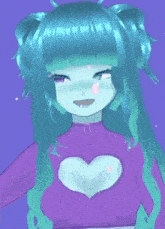 a girl with blue hair and a purple shirt with a heart on it