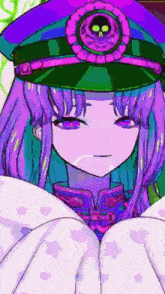 a cartoon girl with purple hair and a skull on her hat .