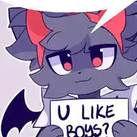a cartoon cat with horns is holding a sign that says u like boys
