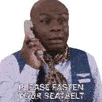 a man talking on a phone with the words " please fasten your seatbelt " written below him