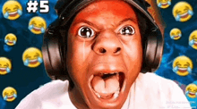 a man wearing headphones is making a funny face while surrounded by laughing emojis .