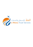 a logo for el malaa travel services with an airplane