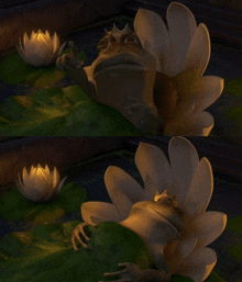 a frog with a crown on its head is sitting on a lily pad