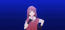 a girl with pink hair is wearing headphones and making a peace sign