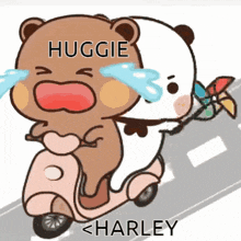 a cartoon bear is crying while riding a scooter with a windmill .