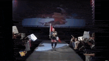 a wrestler is walking down the aisle holding a flag and a sign that says hard knocks on it