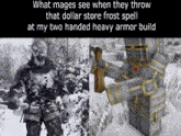 a picture of a knight in armor next to a picture of a knight in armor in the snow