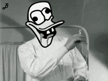 a black and white photo of a doctor with a cartoon face on his face
