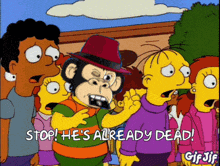 stop he 's already dead is written on a cartoon scene