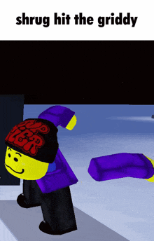 a picture of a lego character with the words " shrug hit the griddy " at the bottom