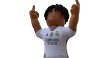 a cartoon character wearing an emirates fly better jersey giving a thumbs up