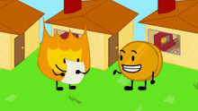 a cartoon drawing of a fireball and a coin standing next to each other