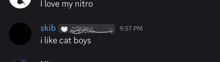 a screenshot of a conversation between skib and i like cat boys at 9:57 pm