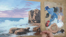 a painting of a rocky shoreline is being made in animatica