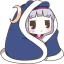 a cartoon girl is wrapped in a blue blanket and sitting down .