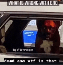 a dog is sitting in the driver 's seat of a car with the words " what is wrong with bro " above it