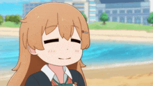 a cartoon girl with long brown hair is standing on the beach with her mouth open