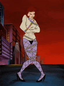 a cartoon of a woman tied up with chains is walking down the street .