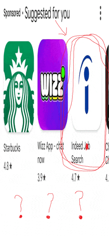 a starbucks wizz and indeed job search app are shown