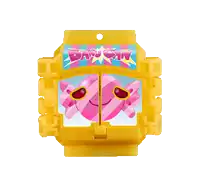a yellow toy with a pink monster on it that says dash in