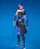 a girl with purple hair is standing on a blue background