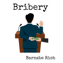 a man giving a speech behind a podium with the word bribery above him