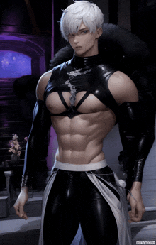 a man with white hair is wearing a black and white outfit with a picture of him on the bottom right