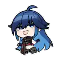 a chibi drawing of a girl with long blue hair and blue eyes holding a gun .