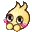 a pixel art drawing of a yellow chicken with big eyes and a pink blush .
