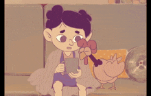 a cartoon of a girl sitting next to a chicken with the words " you are " written above her