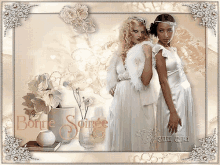 two women in white dresses are standing next to each other and the words bonne soiree are on the bottom right