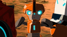 a cartoon robot with blue eyes and the letter i on it