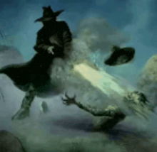 a painting of a man in a cowboy hat holding a sword .