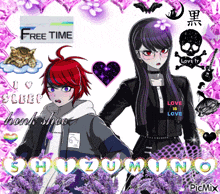 a couple of anime characters standing next to each other with purple flowers in the background and a sign that says free time
