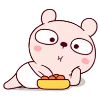 a cartoon bear is laying down with a bowl of oranges in front of him .