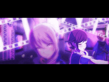 two anime characters are standing next to each other in a purple room