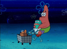 patrick and spongebob are pushing a shopping cart full of food