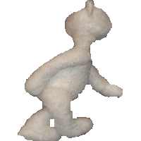a white teddy bear is walking on a white surface