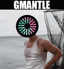 a man stands in front of a fishing net with the word gmantle on the bottom
