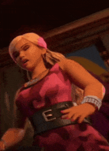 a woman in a pink dress with a belt that has the letter e on it